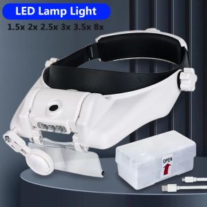 USB LED Headband Magnifier Hands Free Magnifying Glasses For Jewelry Loupe Watch Electronic Repair 1.5x2x2.5x3x3.5x8x Lens Loupe