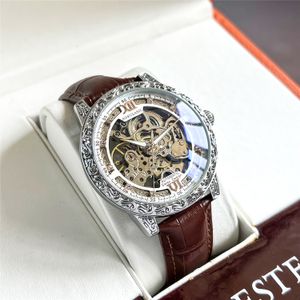 New hollow carved fully automatic mechanical watch retro high-end men watc, waterproof luminous leather watch mens watch