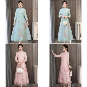 Basic Casual Dresses Cheongsam Dress 2023 Spring Summer Retro China Style Women Clothing Female Large Size Embroidered Vestidos Aq017 Dhn4N