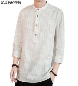 Men Stripe Linen Shirt Half Button Up Mandarin Collar Loose Casual Shirts Asymmetric Bottom Cotton Men039s63407898557816