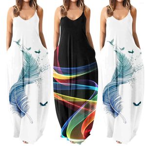 Casual Dresses Feather Print Maxi Dress for Women Sumer Bohemian Loose Beach Sundress Ladies Spaghetti Strap Long Party With Pockets