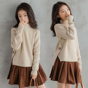 5-14Y Kidkläder 2023 Spring Solid Color Sweaters For Girls Knitwear Turtleneck Pullover Ytterkläder Tonårsbarnskläder L2405