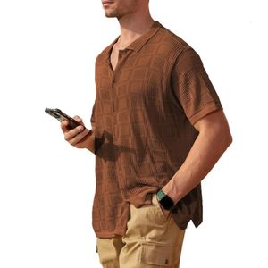 Männliche Mode gestrickt Strickjagd Summer Cool hohles optimales Top Short Sleeve Hemd Revers Button Lose Herren Strick T -Shirt 240518