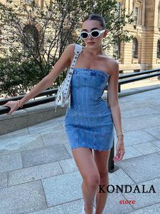 KONDALA Sexy Blue Denim Sheath Mini Party Dress Women Y2K Street Style Jeans Tube Backless Bodycon Dress Fashion Vestidos 240522