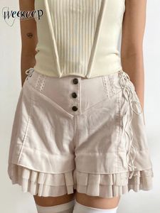 Weekeep Märchen -Y2K Rüschen Shorts süße 2000er Jahre Baggy Button Up High Taille Side Verband Vintage Short Hosen Casual Women Outfits 240522