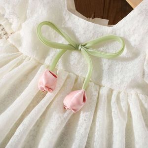 Summer New Baby Girls Bow Ribbon Flower Pattern Lace Gauze Relief Square Collar Puffy Sleeve A-Line Dress Sweet