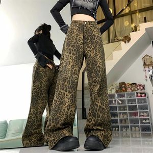 Calça feminina de leopardo retro leopardo jeans larga mulher outono garotas picantes em high street solto encasto reto casual longo