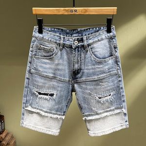 Summer Retro Mens Fashion Patchwork Slim Stretch Casual and Kne Jeans Shorts Tassel Denim 240520
