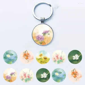 Keychains Simple And Beautiful Flower Round Glass Key Chains Various Plant Painting Pattern Metal Base Jewelry Gifts FHL656