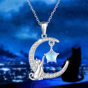 Pendant Necklaces Creative Star Cat Moonstone Womens Pendant Necklace Fashion Womens Party Jewelry Exquisite Birthday Love Jewelry Gifts d240522