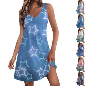Sukienki swobodne damski sundress z kieszeniami Summer Boho Beach sukienki nadrukowane bluzki dla kobiet T-shirty v Szyja luźna czołg