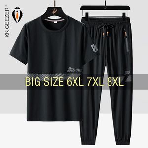 Men T Shirt Suit Pants 2 Piece Set Oversize 6XL 7XL 8XL Plus Size Short Sleeve Black Tshirts Summer Fashion Loose Drop 240518