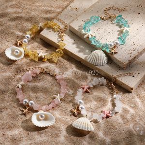 Boh Colorful Starfish Shells Pendant Crushed Stones Handmade Beaded Elastic Bracelet Fashion Beach for Women Girls Jewelry