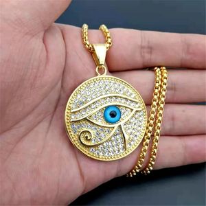 Forntida Egypten Eye of Horus Pendant Halsband 14K Gold Iced Out Bling Round smycken