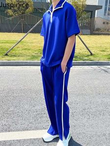 Juspinice Blue Tshirt Casual Pants Twopiece Mens Personlighet Drape Loose Sports Summer Matching Set Clothing Y2K 240520