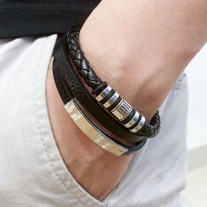 Pulseiras de couro na moda para homens pulveiras de aço inoxidável 21 cm corda trançada multicamada para presentes de jóias masculinas 240513