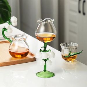 3D Bell Orchid Goblet Glass Spoon Set Wine Glasses Vintage Cocktail Champagne Flower Tea Handmade Water Breakfast Milk Cup 240522