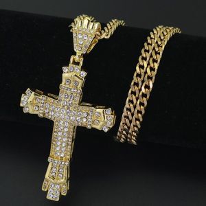 18K Gold Plated Stainless Steel Cuban Chain Water Diamond Retro Cutout Cross Pendant Necklace 265M
