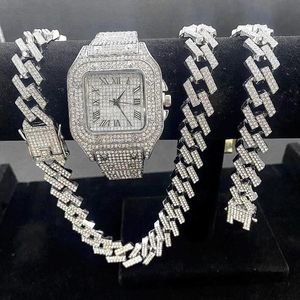 Relógios de pulso 3pcs gelados relógios para homens relógios de ouro quartzo 15mm Cadeiras cubanas de link colares de pulseira Jóias de diamante Relloj 224W