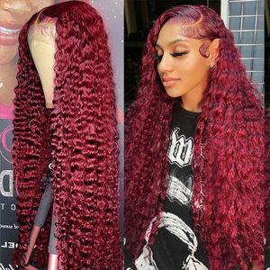 Burgundy Lace Front Human Hair Wig 13x6 HD Lace Deep Wave Frontal Wig Brazilian Curly Wigs For Women TAHIKIE Transparent 99j