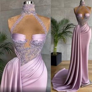 2022 New Sexy Aso Ebi Arabic Plus Size Lilac Lace Beaded Sheath Evening Dresses High Neck Pleats Prom Formal Party Second Reception Gow 241t