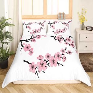 Bedding Sets Japanese Duvet Capa Conjunto de Sakura Flores da Árvore Cherry Blossoms Spring Tema Art Decor 3 Piece com 2 shams H240521 CDBB