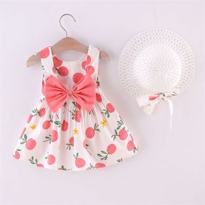 Платье для девочки апельсиновое отпечаток, чтобы отправить прекрасную хлопчатобумажную шляпу с васолом, лук, принцесса Полая конфеты, юбка цвета