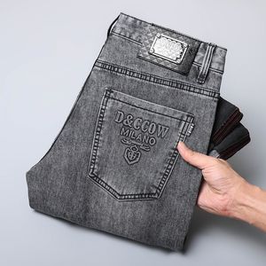 Klassisk lyx Hot Stamped Denim Pants Spring och Autumn Grey Casual Elastic Slim Fit Men's Jeans No.6SPS