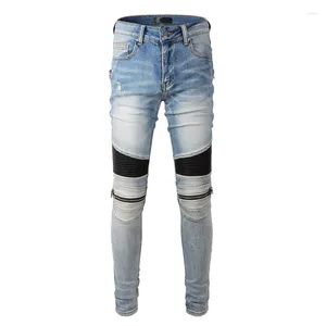 Men's Jeans Distressed Light Blue Leather Ribs Patches Spliced Bikers Ripped Pants Come With Original Tags