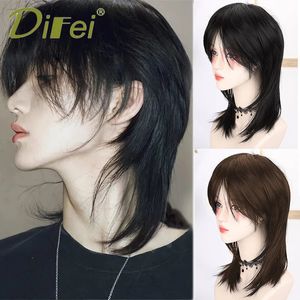 DIFEI Synthetic Cosplay Perücke Mullet Head Perücken natürliche schwarze Rot Gold Hochwertige Perücke für Boy Short in Straight Wolf Tail Fake 240520