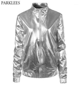 Silver Metallic Coated Bomber Jacket Women Shiny Night Club Baseball Varsity Jacket Womens Zipper Front Mandarin Collar Jackets11718504