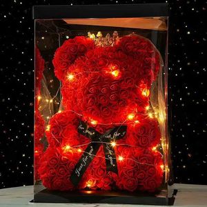 Objetos decorativos Figuras 25/40cm Teddy Rose Bear Flor Artificial com Box Light Moms namorada aniversário Dia dos namorados presente H240521 VRZR