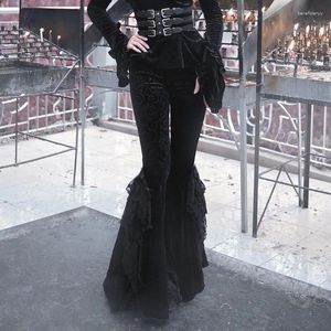 Kvinnors byxor mörka gotiska sammet kvinnor vintage fairycore grunge streetwear emo spets lapptäcke hög midja flare byxor kvinnlig