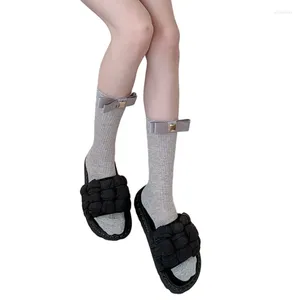 Women Socks Vintage Metal Label Bowknot Over Calf Japanese Elegant Ribbed Knit Striped Stretch Middle Tube