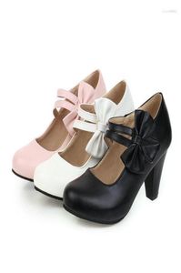 Dress Shoes Pumps Women High Heels Ladies Block Sweet Ankle Strap Hook And Loop Bow Closed Toe Wedding Size 34393020882