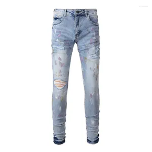 Men's Jeans EU Drip Distressed Streetwear Slim Fit Stretch Holes Ribs Patches Ripped Graffiti Come With Original Tags