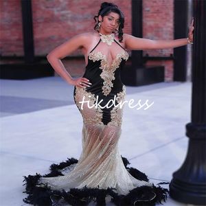 Plus Size Black Feather Prom Dresses 2024 Elegant Mermaid Gold Appliques Sequin Evening Dress Fishtail Special Endast Formell födelsedagsfestklänningar Vestido Galas