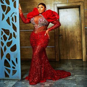 2024 Plus Size Aso Ebi Prom Dresses للمناسبات الخاصة الوهم Promdress الأكمام الطويلة حورية البحر حوريات البحر ثياب عيد ميلاد من الدانتر