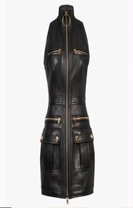 Premium New Style Top Quality Original Design Leather Dress Women039s Metal Buckles Classic Sleeveless Dresses Front Zipper9427303