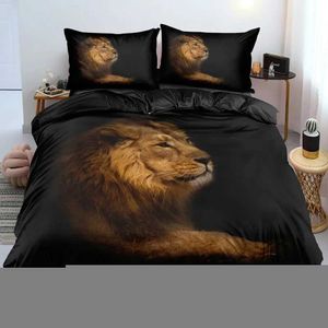 Sängkläder sätter svart lejon täcke täcker djur sängblad 3 bit set singel dubbel king drottning full storlek 1 täcke 2 fall h240521 sus0