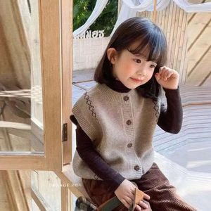 Kids Knitted Casual Print Cardigan Children Autumn Winter Clothes Teenage Girls Coffee Sweaters Vest Korean Style L2405