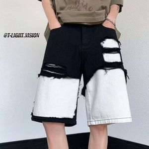 Summer Loose Fiting Straight Black Patchwork Men Washed Denim Shorts, Teenage American High Street Fashion Capris M522 33