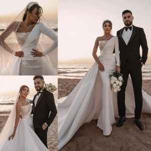 Dubai Arabic Middle East Plus Size Mermaid Wedding Dresses Long Sleeve Sequins Pearls Satin Chapel Train Wedding Dress Bridal Gowns 215a