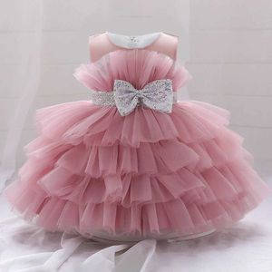 Christening dresses Baby fluffy pink wedding party dress baby 2-8 years old sequin bow thin gauze Baptist birthday princess dress lace summer dress Q240521