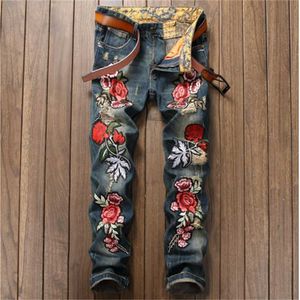 Floral Embroidery Bird Print Mens Ripped Jeans Slim Fit Denim Pants Blue Straight Biker Jeans Long Trousers 27-38uabw