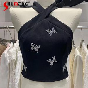 Kvinnors tankar snörning Halterneck Butterfly Vest Spring Korean Style Trendy Streetwear Chic Girl Show Thin Black Top Camisoles