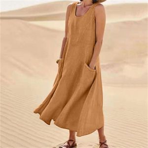 Hot Summer women Casual Dresses pocket sleeveless round neck women's cotton linen dress loose Khaki White black home outdoor skirt Qoia