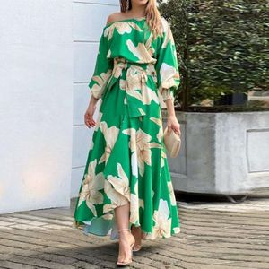 Elegant New Skew Shoulder Long With Ins Printed Lantern Sleeves High Waist Dress For Women