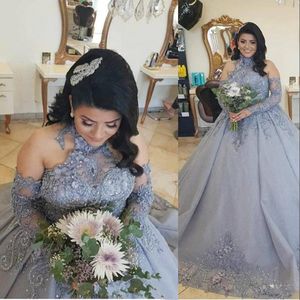 2021 Ball Gown Luxury Silver Gray Quinceanera Dresses Halter Long Sleeves Hand Made Flowers Sweet 16 Sweep Train Party Prom Evening Gow 273A