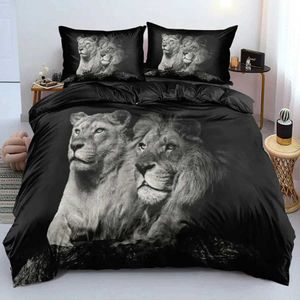 Sängkläder sätter svart lejon täcke täcker djur sängblad 3 stycke set singel dubbel king drottning full storlek 1 täcke 2 fall h240531